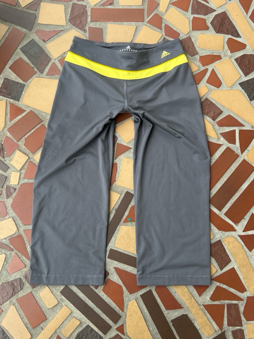 adidas Gray Capri Leggings with Yellow Accent